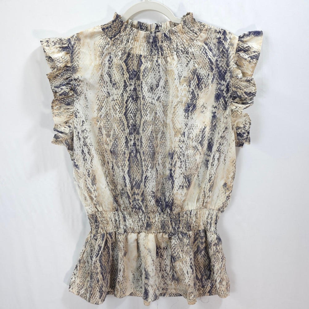 Three Bird Nest Snake Print Smocked Mock Neck Ruffle Peplum Blouse Women L Tan